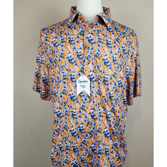 1764 Golf Polo Shirt XL Orange Blue All Over Print Choice Bloom Floral Honey NWT - Picture 1 of 9